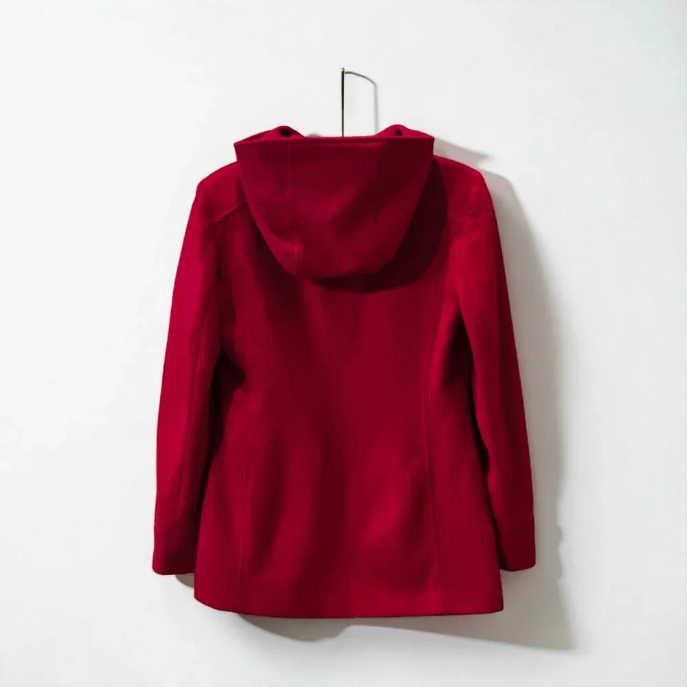London Fog Wool Blend Pea Coat Red Hooded Zip Closure Women's Size Small - Picture 3 of 5